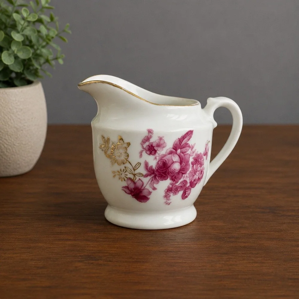 Vintage 1950's Japan White Porcelain Creamer Pink‎ Floral Rose Gold Trim Pitcher